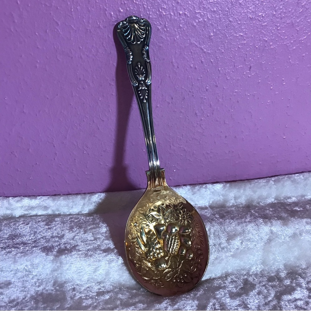 FREE * Vintage Silver Sheffield Spoon Fruit Compete Motif Antique Retro Serving - Picture 2 of 9